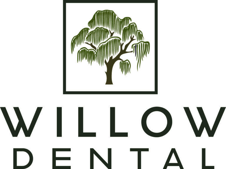 Logo for “Willow Dental” featuring a stylized willow tree in green and brown within a square frame above bold uppercase text; “WILLOW” appears larger than “DENTAL,” conveying a calm, professional brand identity.