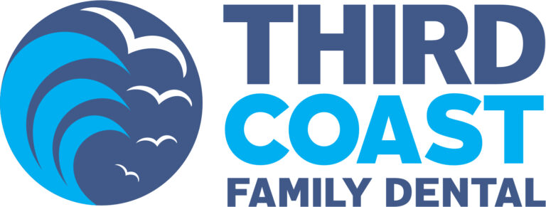 Logo for “Third Coast Family Dental” featuring a circular graphic with stylized blue waves and birds on the left, paired with three lines of text: “THIRD” in dark blue, “COAST” in light blue, and “FAMILY DENTAL” in dark blue—evoking a calm, coastal brand identity.