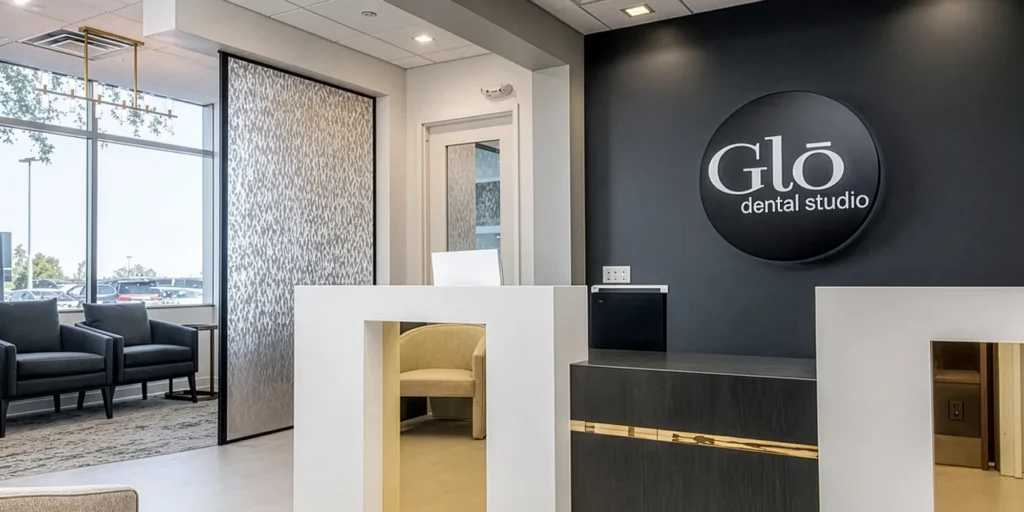 The reception area of Glō Dental Studio features a sleek white and dark wood desk accented by gold details, set against a black wall with the clinic’s logo. To the left, a cozy seating area and large window provide natural light, creating a bright, modern atmosphere.